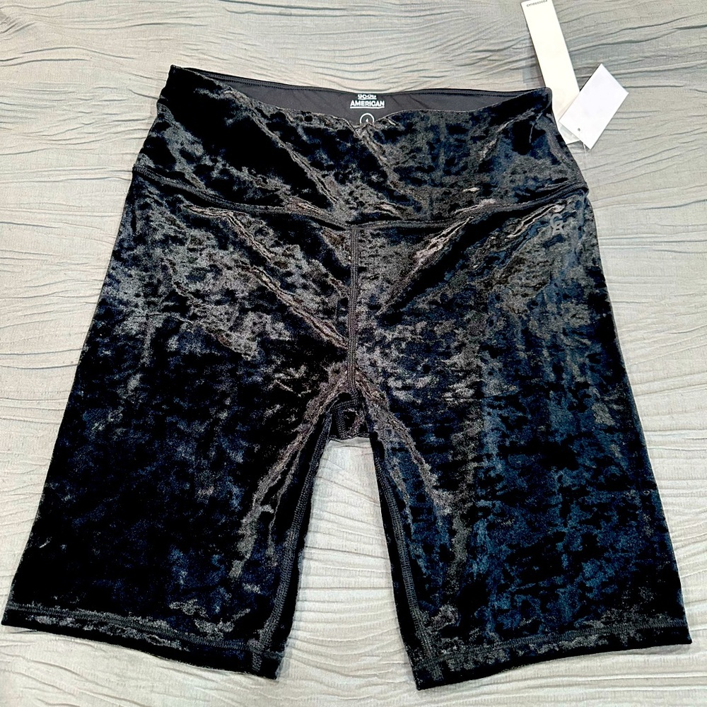 Good American Black Crushed Velvet Biker Short